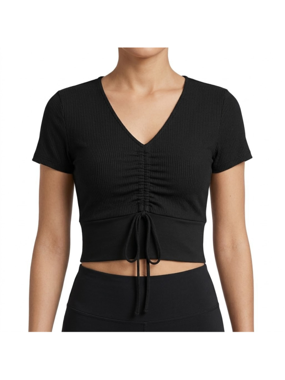 Something Borrowed Womens Crop Top Large Black Ribbed V-Neck Cinched Drawstring